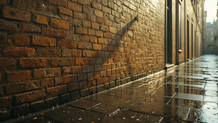 Wet Brick Wall Alleyway After Rain Shiny Reflective Sidewalk