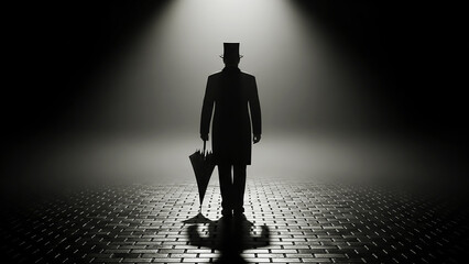 Silhouette of Mysterious Man in Top Hat Holding Umbrella on Cobblestone Street