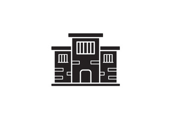 Fototapeta premium A black silhouette of a building with windows and an archway on a white background design element