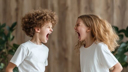 Two young children intensely shout at one another, their expressions showcasing a mixture of frustration and passion, illustrating the power of emotions in childhood interactions.