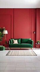 Green sofa in red room interior.
