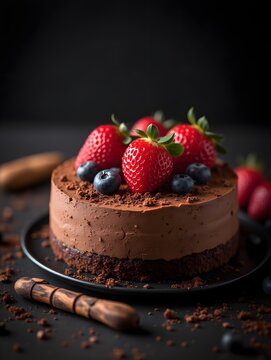 Chocolate mousse cake with berries and nuts on a dark background, selective focus.