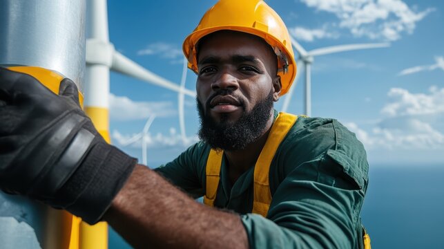 A skilled wind turbine technician is seen at height, focused on safety and precision required in maintaining renewable energy systems, embodying dedication towards sustainability. - Powered by Adobe