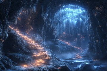 Fototapeta premium Mystical Ice Cave Pathway: Glowing Stairs Leading to an Ethereal Blue Waterfall, a Fantasy Landscape with Hidden Wonders and Enchanting Beauty Unveiled