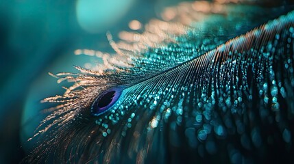 Close-up of a peacock feather with water droplets