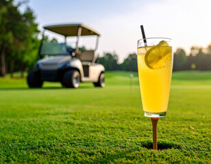 A refreshing summer drink enjoyed on a scenic golf course, with a cart on a sunny spring day