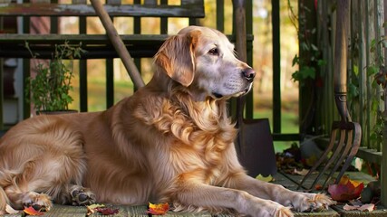 Golden Retriever Resting on Porch in Autumn Sunlight