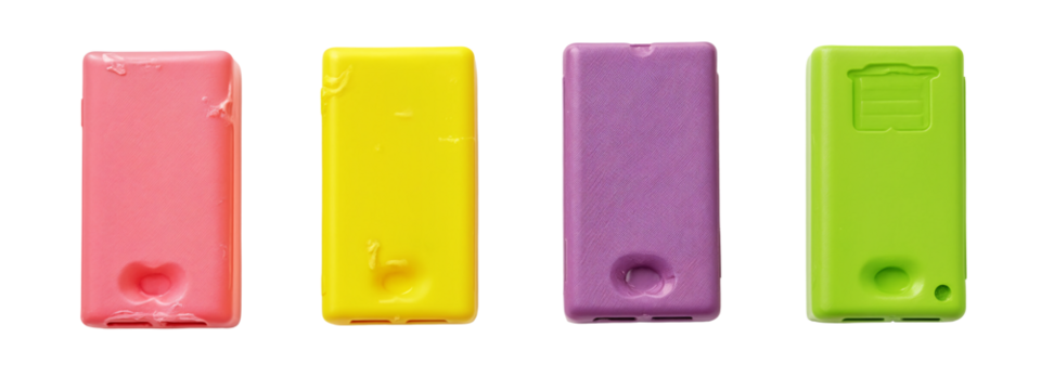 A set of four different colored plastic objects