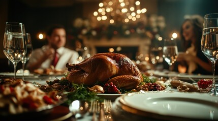 A beautifully set dining table adorned with a golden roast turkey and festive decorations, capturing the essence of celebration, togetherness, and gratitude during special occasions.