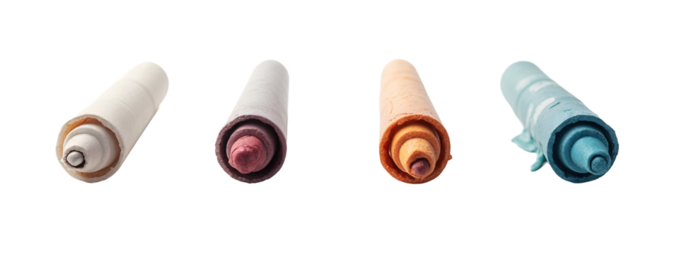 A close up of three different colored rolls of toilet paper.