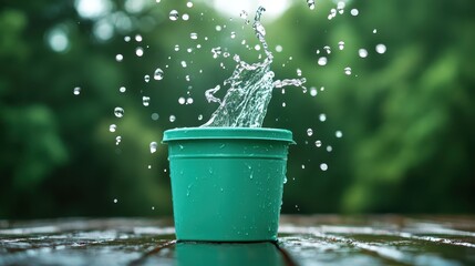 The image depicts water splashing dramatically from a green bucket outdoors, capturing the excitement and spontaneity of vibrant nature and playfulness.