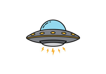 A cartoon ufo with a blue dome and yellow lights flying against a white background in a simple style