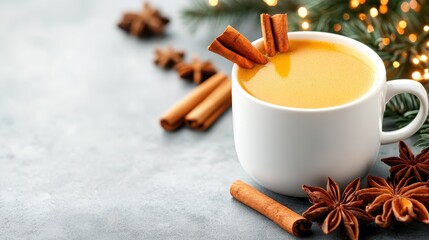 A warm cup of golden beverage topped with cinnamon sticks immerses viewers in cozy winter vibes, evoking feelings of nostalgia, warmth, and celebration during holiday gatherings.