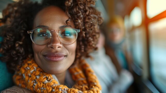 This vibrant portrait captures a joyful woman with curly hair smiling warmly, surrounded by soft colors, exuding happiness and positivity while enjoying a serene moment indoors.