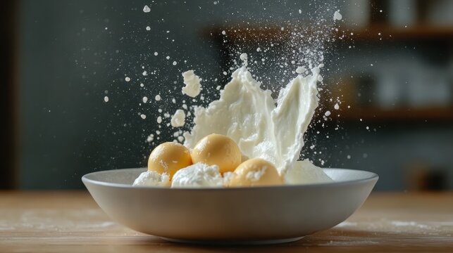 A dramatic scene captures the moment of splashing cream and eggs in a bowl, symbolizing creativity and boldness in culinary art, while highlighting the joy of cooking and experimentation.