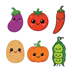 Cute Cartoon Vegetables Set Kawaii Eggplant Tomato Chili Potato Pumpkin amp Peas Vector