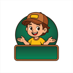 Cartoon Boy with Cap and Blank Label &ndash; Logo or Banner Template for Kids Content