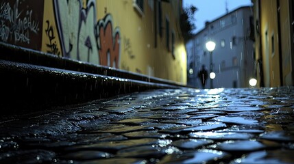 Cobblestone street drenched in rain at night.