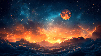 Fiery Celestial Landscape Dreamlike Fantasy Space Scene with Orange Moon and Starry Night Sky