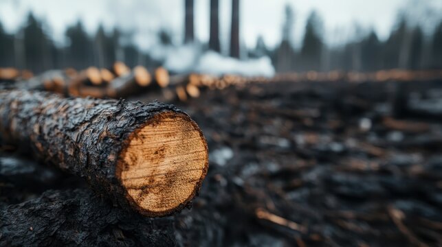 An up-close view of a fresh timber log resting on burnt earth, symbolizing the contrast of life and destruction in a forest devastated by fire.