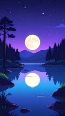 Naklejka premium Moonlit lake with mountain night scene.