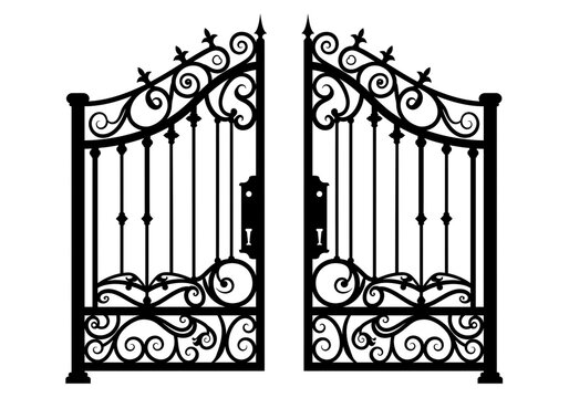 An ornate black wrought iron gate with decorative scrollwork is open on a white background