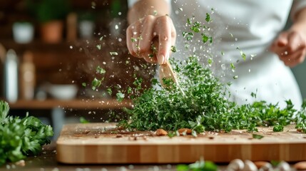 In this dynamic image, a hand chops fresh herbs, emphasizing the essence of cooking and the importance of freshness in culinary arts and home cooking.