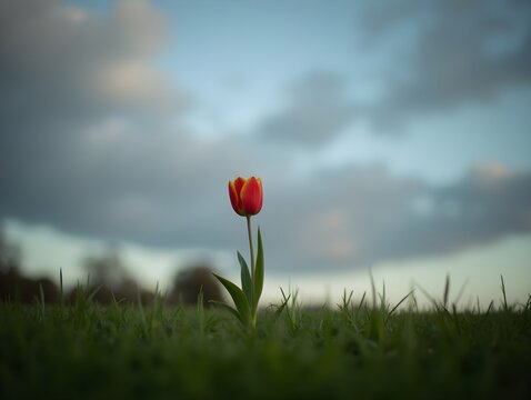 Solitary Tulip Flower Blooming in Grassy Field Under Dramatic Sky
