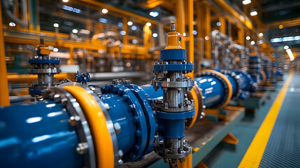Industrial Pipeline System Close-up of Blue and Yellow Pipes and Valves in a Modern Factory