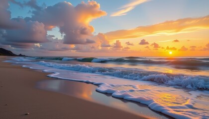 Sunset Waves Gently Lapping at Tranquil Beach Faraway Location Serene Landscape Photography