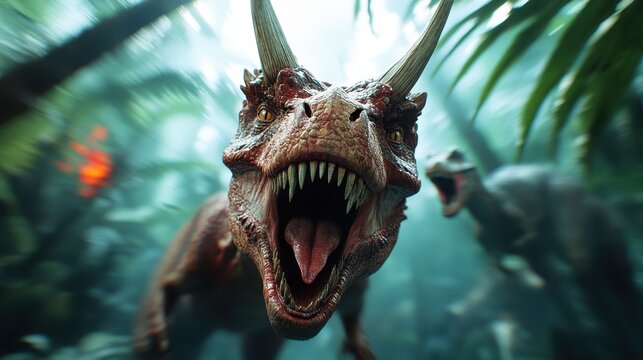 A striking image of a massive dinosaur roaring amidst lush greenery in a prehistoric jungle, evoking awe and fascination regarding the majestic creatures of ancient times.