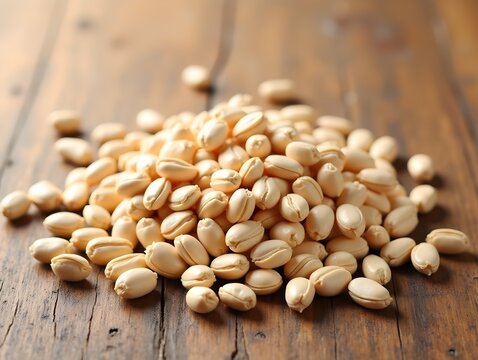 Beautiful Soybeans on Wood Background with Copy Space.