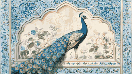 Islamic Mughal garden mosque arch peacock plant botanical landscape illustration. Mugha garden at night with peacock, parrot, plant and botanical tree landscape illustration pattern. 