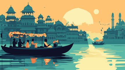 Colorful Islamic Festival Celebration on Riverfront &ndash; Traditional Boats, Historical Architecture, and Cultural Cityscape Illustration for Eid, Ramadan, or Hari Raya Themes.