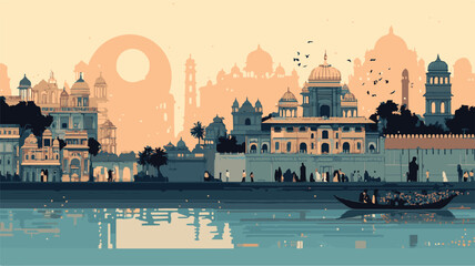 Colorful Islamic Festival Celebration on Riverfront &ndash; Traditional Boats, Historical Architecture, and Cultural Cityscape Illustration for Eid, Ramadan, or Hari Raya Themes.