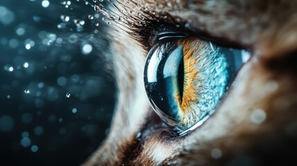A mesmerizing macro photograph of a cat's eye highlights its intricate colors and textures, bringing forth the beauty and detail of animal features.