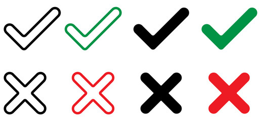 Set of tick mark in green and cross mark in red colour and stroke with white background, check and cross mark icon set. checkmark and x mark icon use for apps and website. checkmark, black stroke icon
