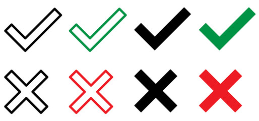 Set of tick mark in green and cross mark in red colour and stroke with white background, check and cross mark icon set. checkmark and x mark icon use for apps and website. checkmark, black stroke icon