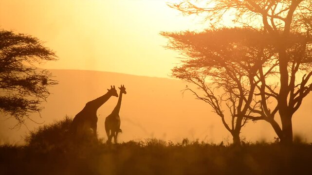 Giraffe Silhouette at Sunset in Tanzania with Acacia Trees