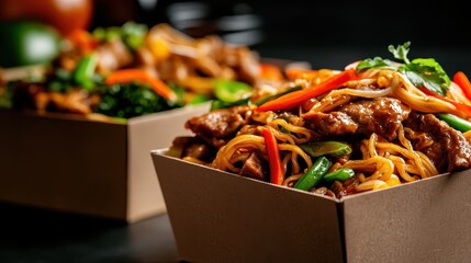 A visually appealing presentation of hearty Asian noodles garnished with fresh vegetables, showcasing the artistry and flavor of culinary delights in food photography.