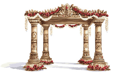  Indian wedding mandap made with wood 4 pillars with Indian. Hindu Temple Mandap, A beautiful illustration of an Indian wedding mandap symbolizing love celebration tradition. 
