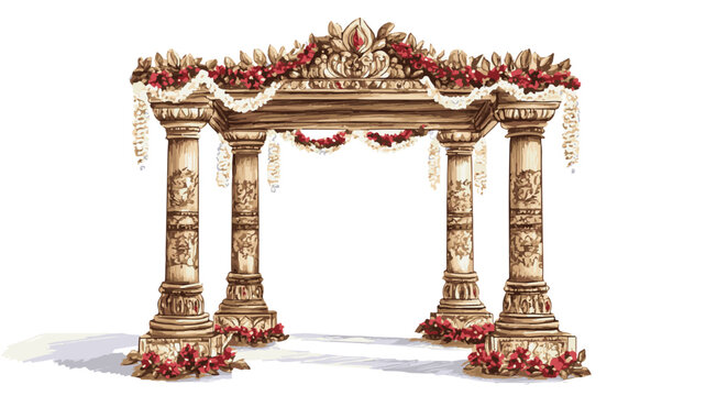  Indian wedding mandap made with wood 4 pillars with Indian. Hindu Temple Mandap, A beautiful illustration of an Indian wedding mandap symbolizing love celebration tradition. 
