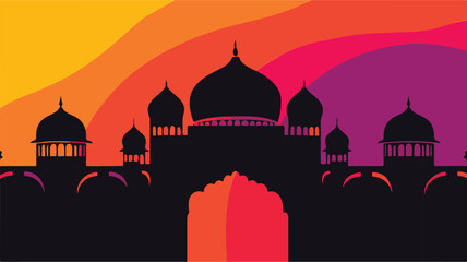 The silhouette of the mosque against the colorful sunset in the background. Silhouette Islamic Mosque - Minimalist religious architecture.