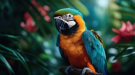 A vibrant parrot perches gracefully on a branch in a lush tropical setting, showcasing the vivid colors and beauty of wildlife while adding an element of exotic allure to the scene.