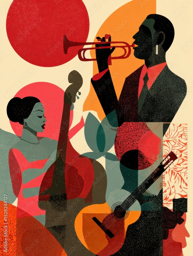 Poster Showcasing Hispanic Contributions to Music and Art Through Vibrant Graphic Representation of Musicians and Instruments in a Colorful Setting
