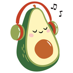 Flat vector illustration in a simple childish style. Cute avocado with a face listening to music in headphones. Vector illustration
