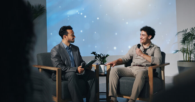 Businessmen, conference or presentation for interview, development seminar or public speaking. Convention, speech and workshop for corporate people in auditorium with microphone, tradeshow or keynote