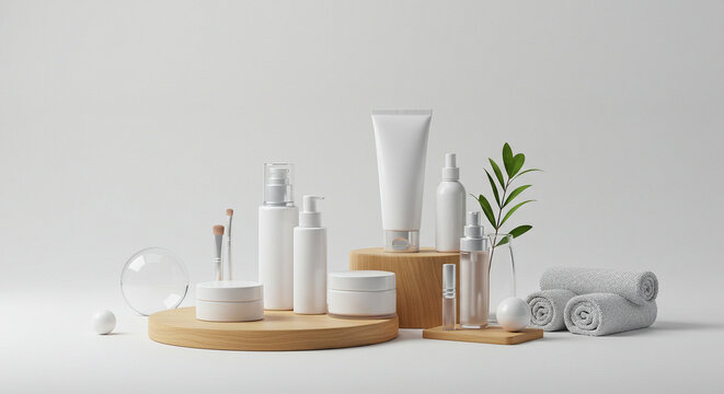 A serene arrangement of white cosmetic and skincare products, brush, and spa items on wooden risers and a white background, suggesting purity and natural beauty