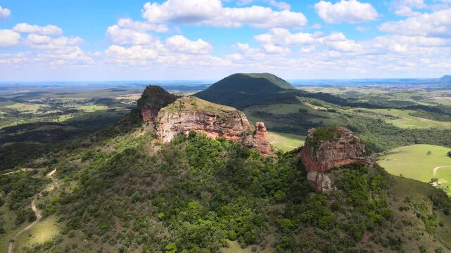 Aerial video of Pedra do Indio mountain in Botucatu, Brazil