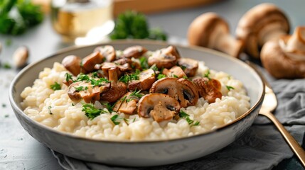 A delightful dish of creamy mushroom risotto garnished with fresh herbs, showcasing culinary artistry and the joy of gourmet cooking while tantalizing taste buds with rich flavors.